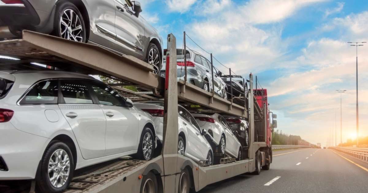 Specialized truck transporting cars.